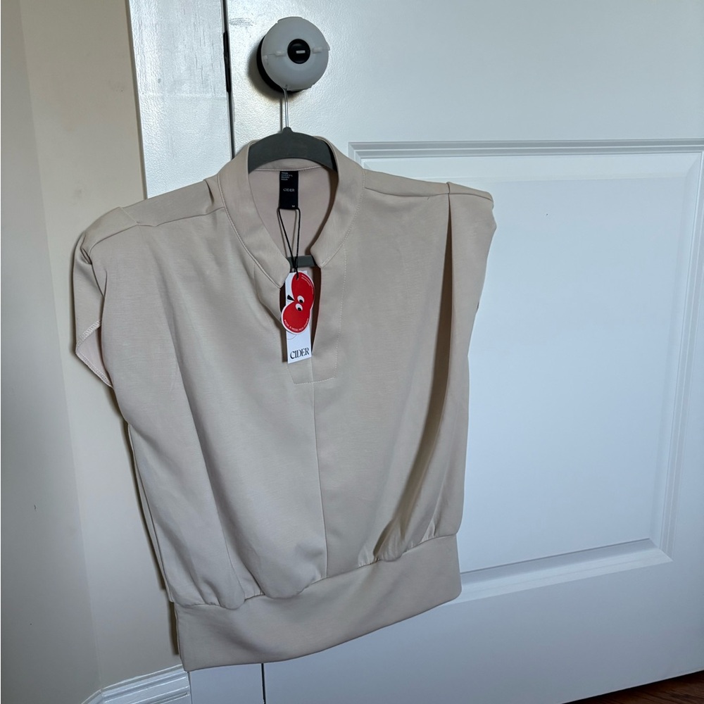 Cider Tan Boxy Blouse with Mandarin Collar